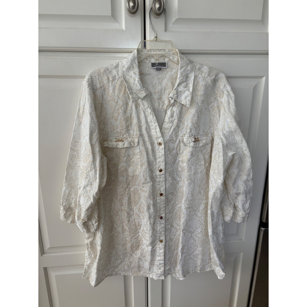 JM Collection Woman 20W Linen Button Down Shirt Gold Metallic Snake Print 3/4 Sl